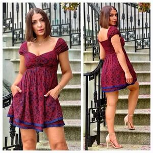Free People Tabitha Mini Dress Sz Large- Red/Navy Floral Eyelet Boho Fit & Flare